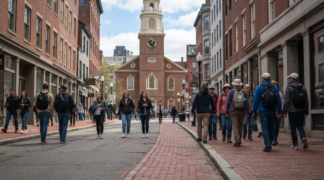 the red-brick Freedom Trail line running along Washington Street toward the Old South Meeting House, with pedestrians and tour groups moving through the historic corridor
