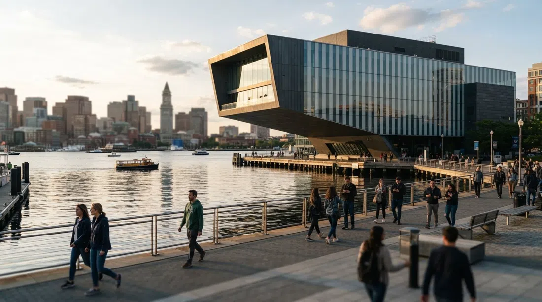 the Institute of Contemporary Art cantilevered over Boston Harbor at late afternoon, its striped modern facade and glass walls reflected in the water