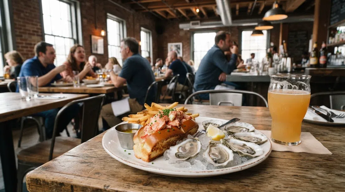 a buttered lobster roll and oysters at Row 34 in Fort Point, set on a white plate beside a glass of beer inside the warehouse dining room