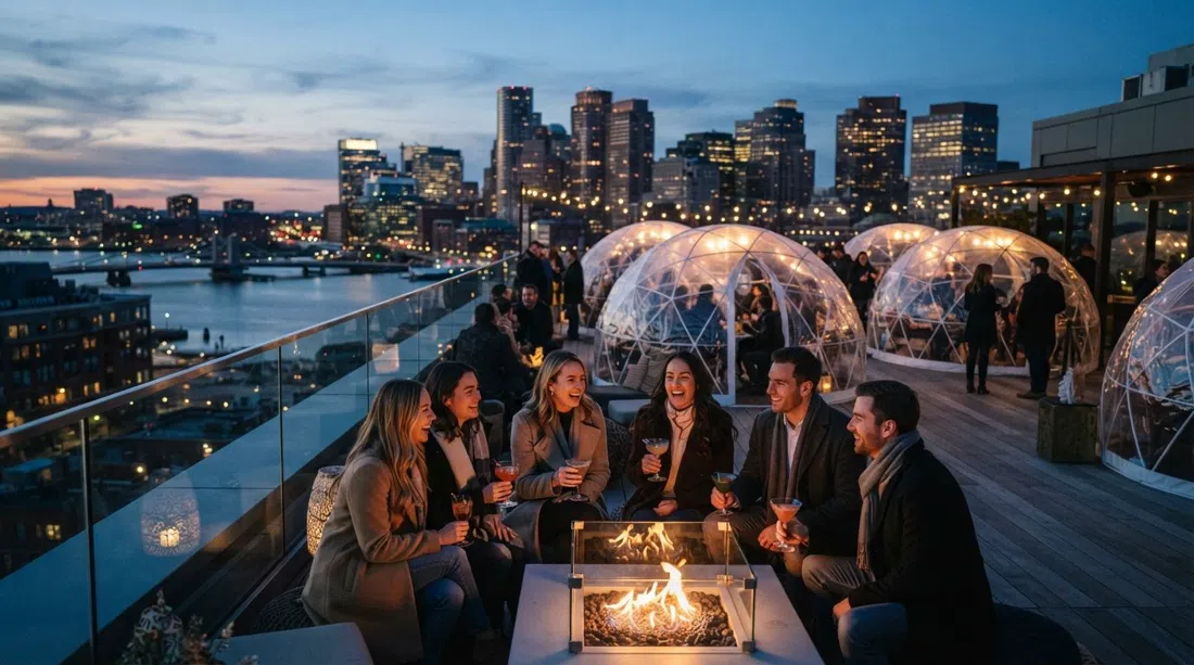 Rooftop at The Envoy at dusk, fire pits glowing beside winter igloos and harbour lights spreading behind the glass railings