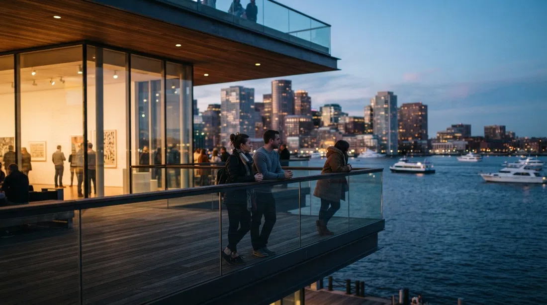 the ICA’s waterside terrace and glass-walled gallery overlooking the harbour, with evening light on the water and a few visitors leaning on the rail