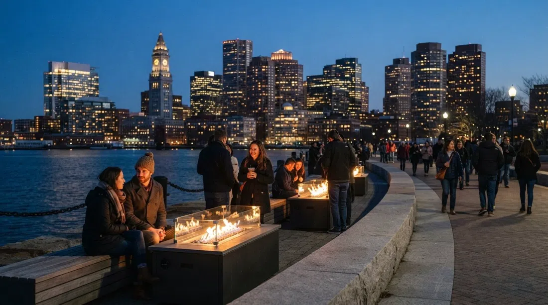 Fan Pier Park at blue hour, with benches and fire pits facing the Boston skyline across the water