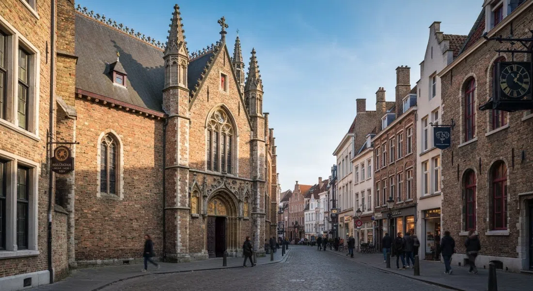 Sint-Jakobskerk in Bruges with its Baroque interior implied through the doorway, late-afternoon light on the brick façade and quiet street life outside