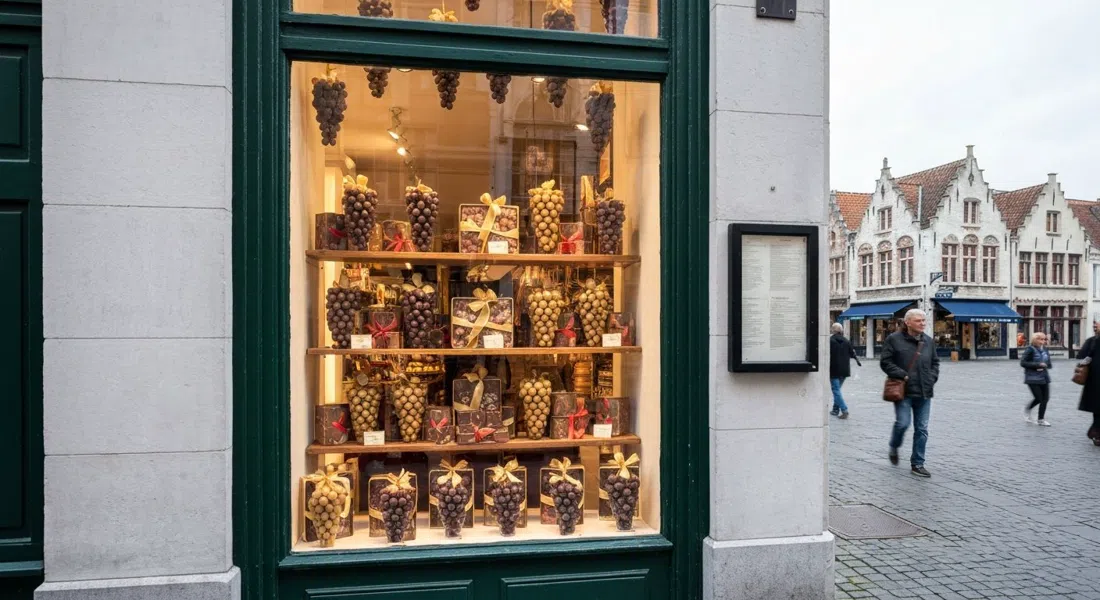 the window display at Spegelaere Chocolaterie on Ezelstraat 94, praline grape clusters and chocolate boxes arranged in a traditional Bruges shopfront