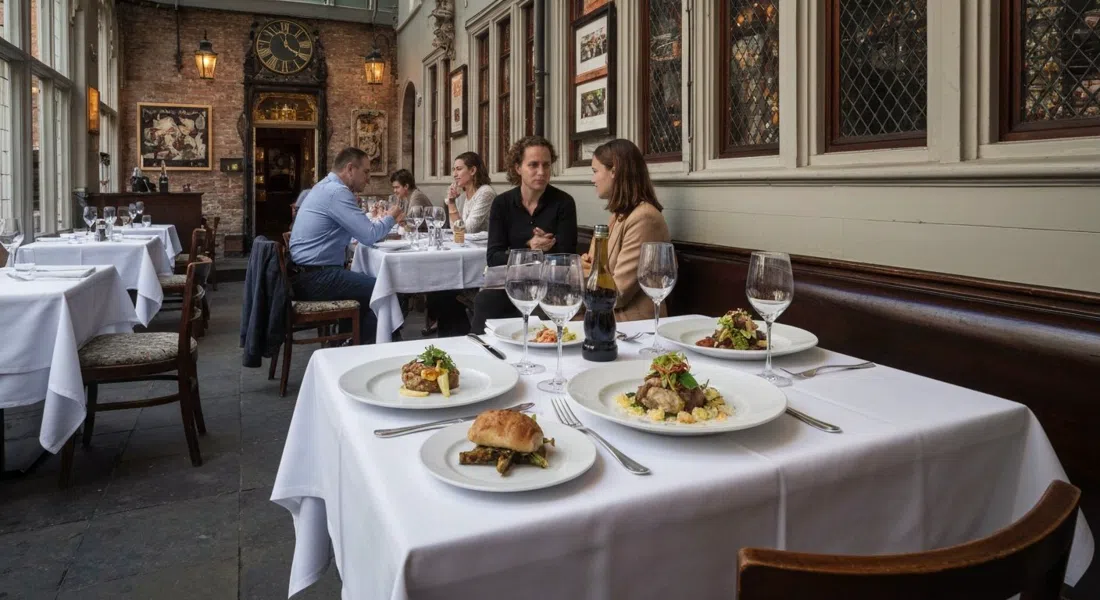 the pastel dining room at Sans Cravate on Langestraat in Bruges, neatly plated fine-dining dishes on a white tablecloth under soft evening light