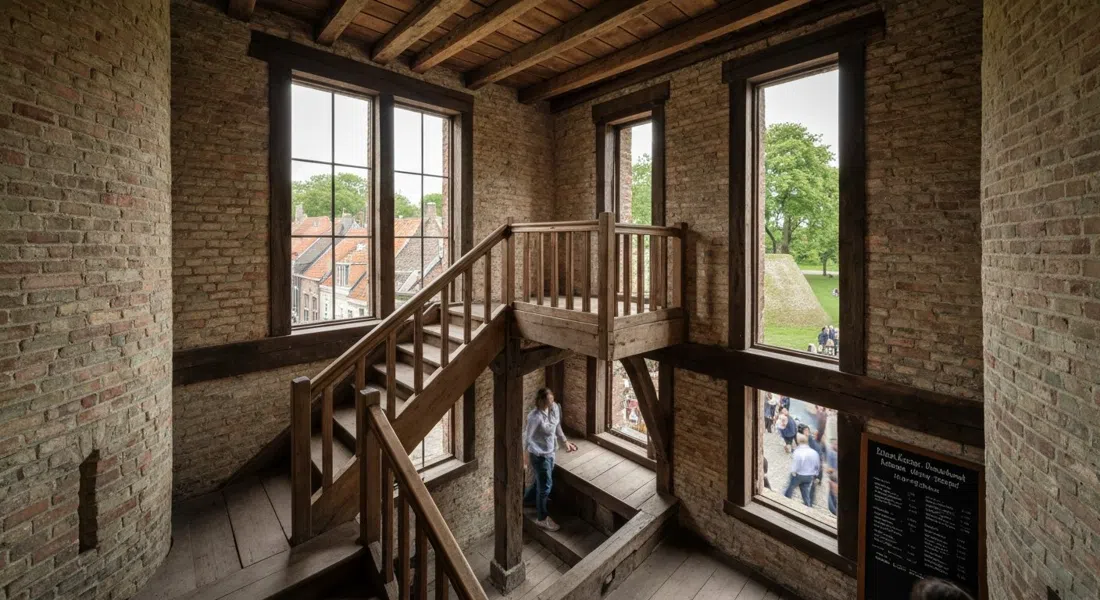 inside the Sint-Janshuismolen in Bruges, steep wooden stairs leading up to the milling floor with a view over green ramparts through the windows