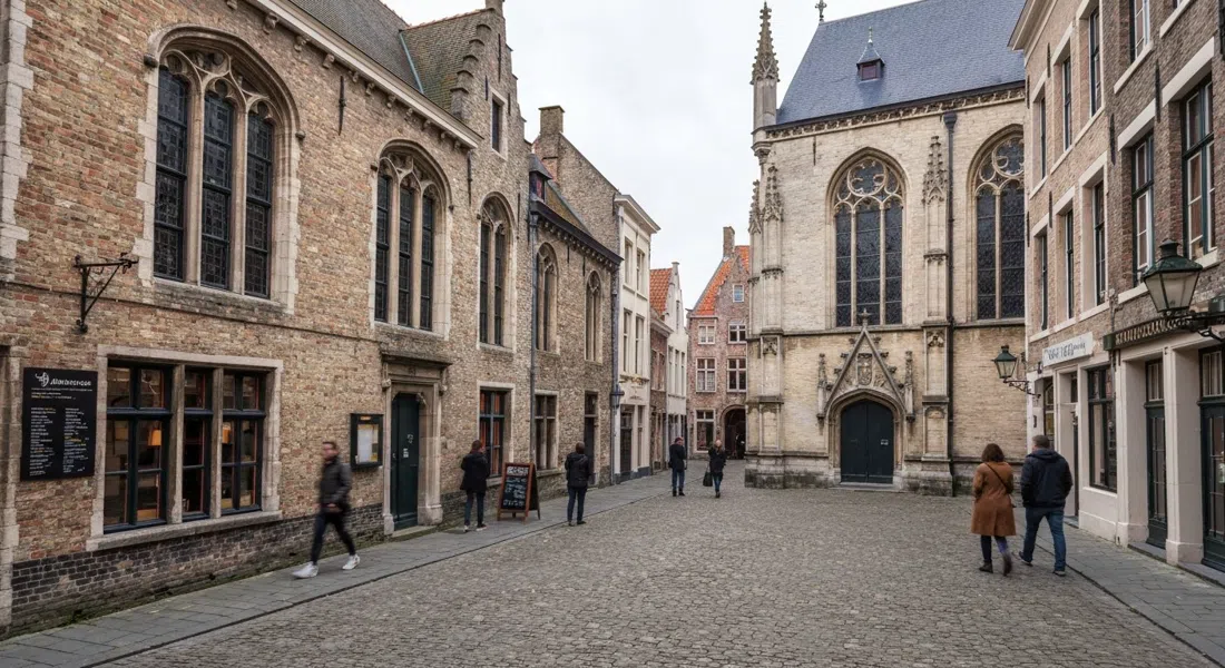 the Adornes Estate and Jerusalem Chapel on Peperstraat in Bruges, a quiet medieval courtyard and chapel facade in soft daylight