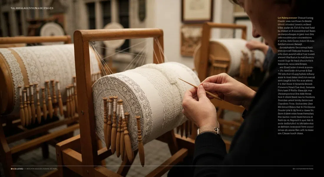 a bobbin-lace demonstration at the Kantcentrum on Balstraat in Bruges, hands working fine thread and wooden bobbins in a former lace school room