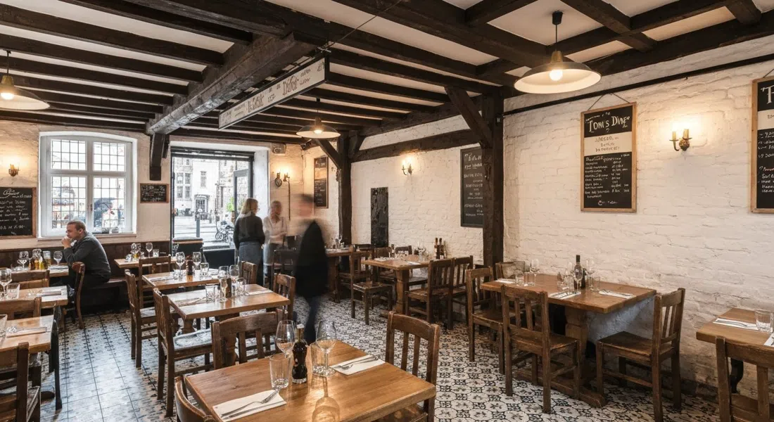 the interior of Tom's Diner at West-Gistelhof 23, black-and-white tiled floor, whitewashed walls and simple wooden tables set for dinner