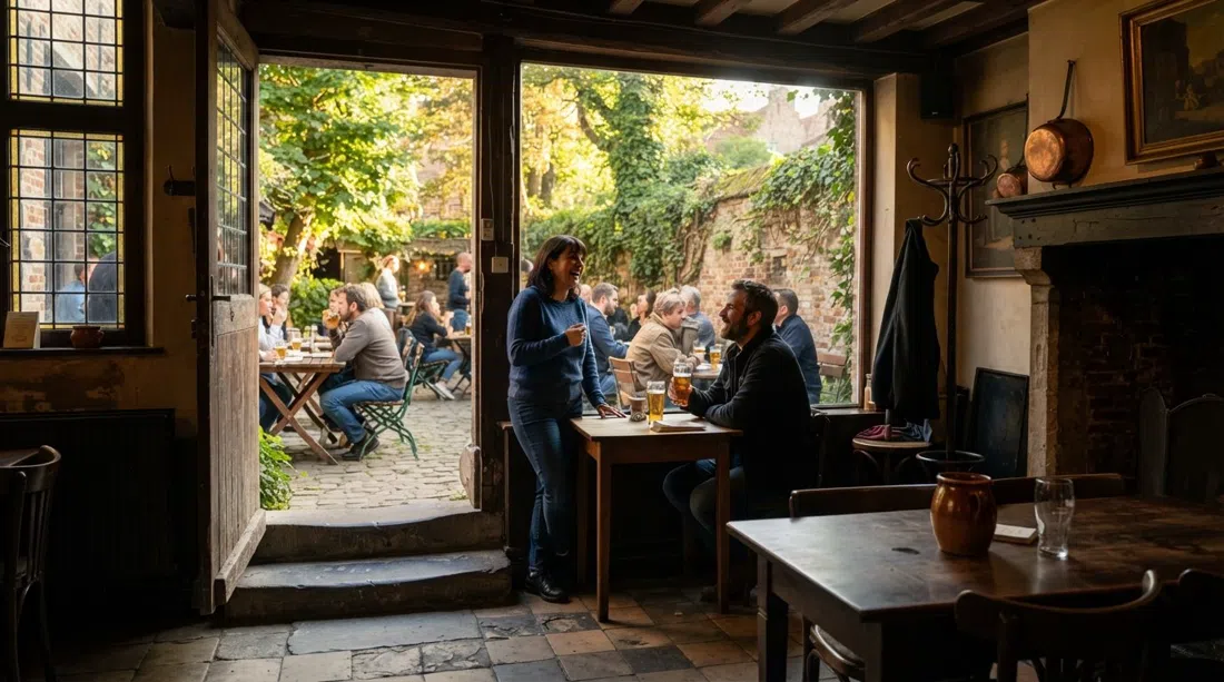 Café Vlissinghe at Blekersstraat 2, historic Flemish room glimpsed through the doorway with a walled beer garden beyond in late-day light