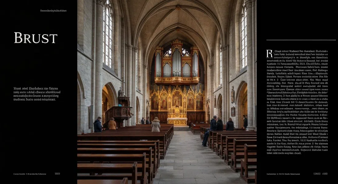 inside Sint-Gilliskerk, neo-Gothic interior with the pipe organ and a painted altar work visible beneath soft church light