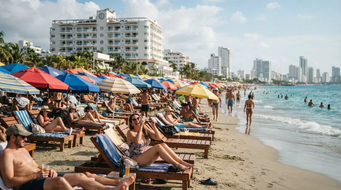 Playa Hollywood on Bocagrande’s central beach, rows of umbrellas and loungers crowded near Hotel Caribe in bright afternoon light