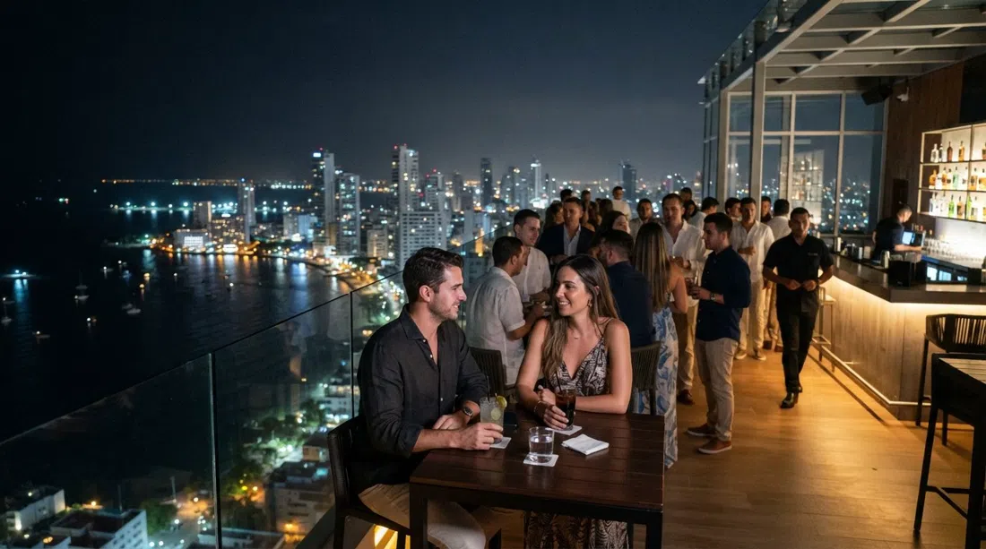 the 51 Sky Bar on the 51st floor of Estelar Cartagena de Indias, city lights, cocktails and a 360-degree night view over Bocagrande and the bay