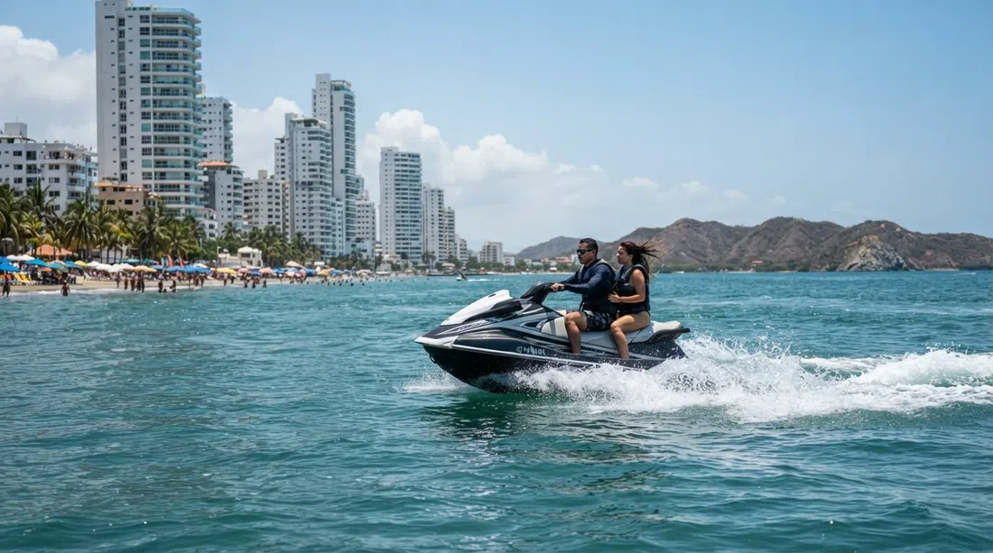 jet skis cutting across Bocagrande’s bay near the beach, towers and Tierra Bomba visible in the background under bright midday sun