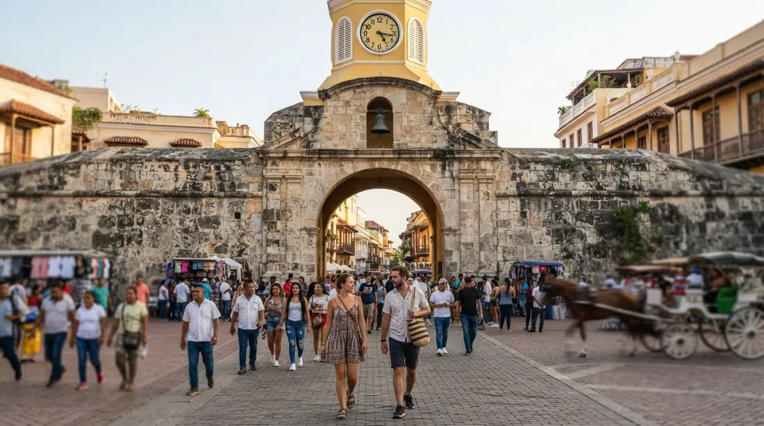 the Torre del Reloj gateway into Cartagena’s old town at late afternoon, with the stone arch, clock face and pedestrians entering Plaza de los Coches