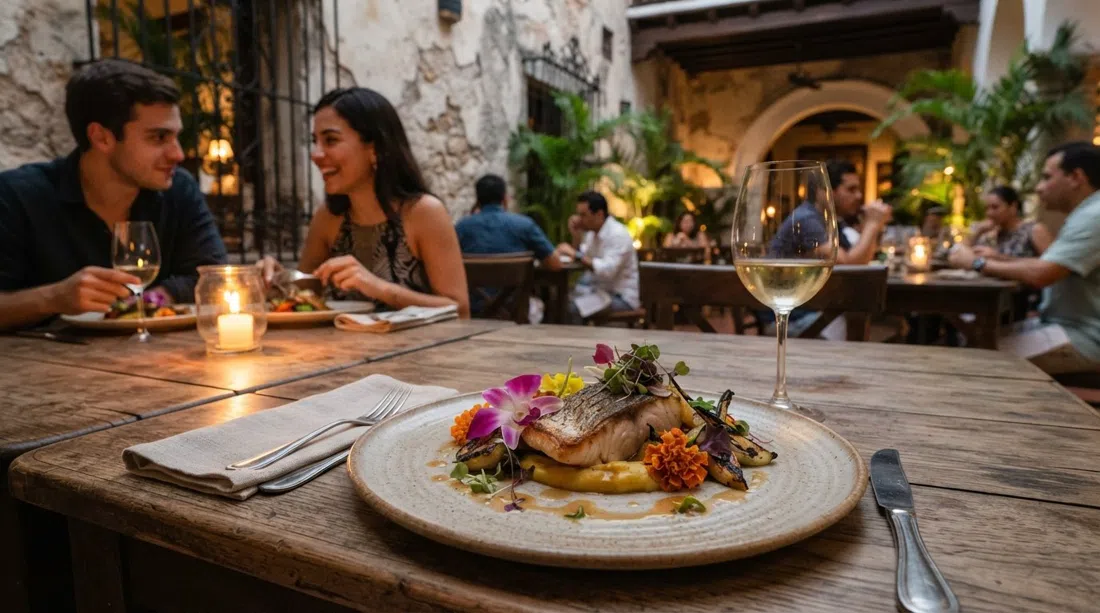 a plated tasting menu dish at Carmen in a restored colonial dining room, fine-dining presentation with edible flowers and warm candlelight