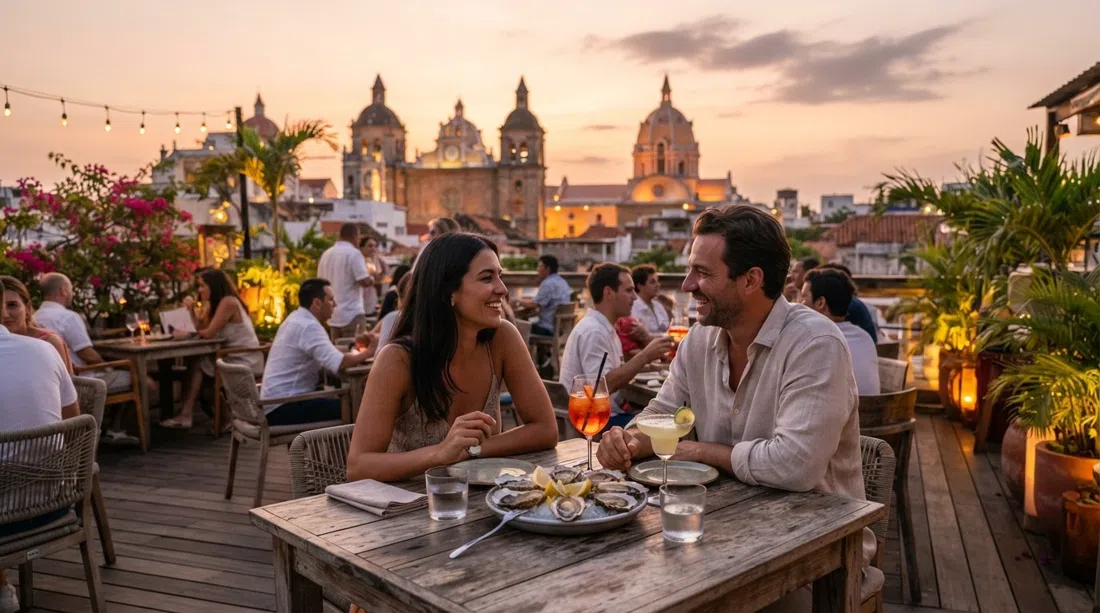 the rooftop terrace at Buena Vida Marisquería y Rooftop at sunset, oysters, cocktails and the old city skyline catching golden light