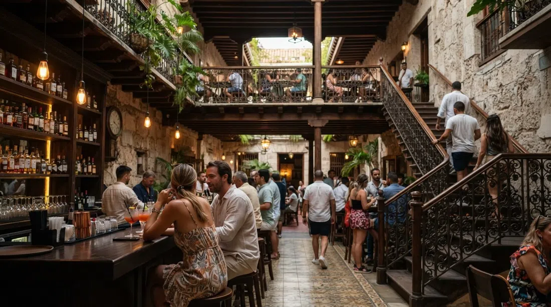the interior of Alquímico’s 19th-century mansion bar, layered cocktail floors with warm lighting, bottles and guests moving between levels
