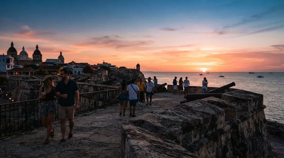sunset from the Cartagena city walls at the Baluarte de Santo Domingo, people silhouetted against the Caribbean and the old stone ramparts