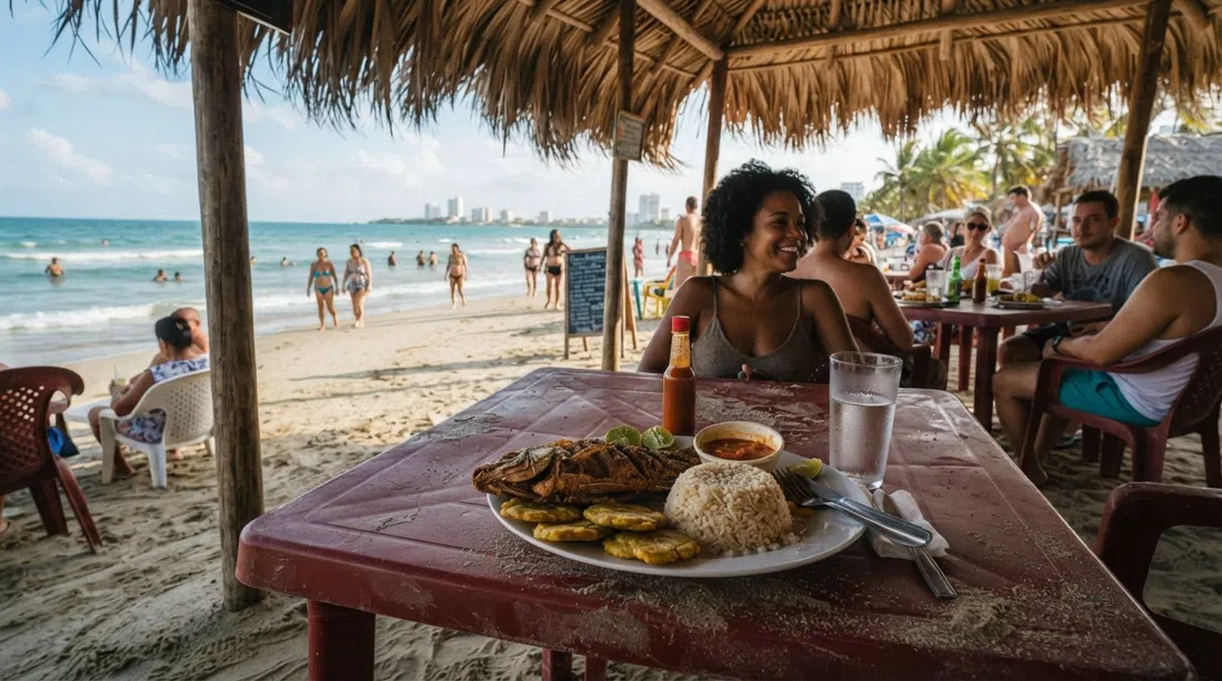 Restaurante Los Guaros on Playa Azul, a palm-thatched beachfront palapa with a plate of whole fried mojarra, coconut rice and patacones on a plastic table