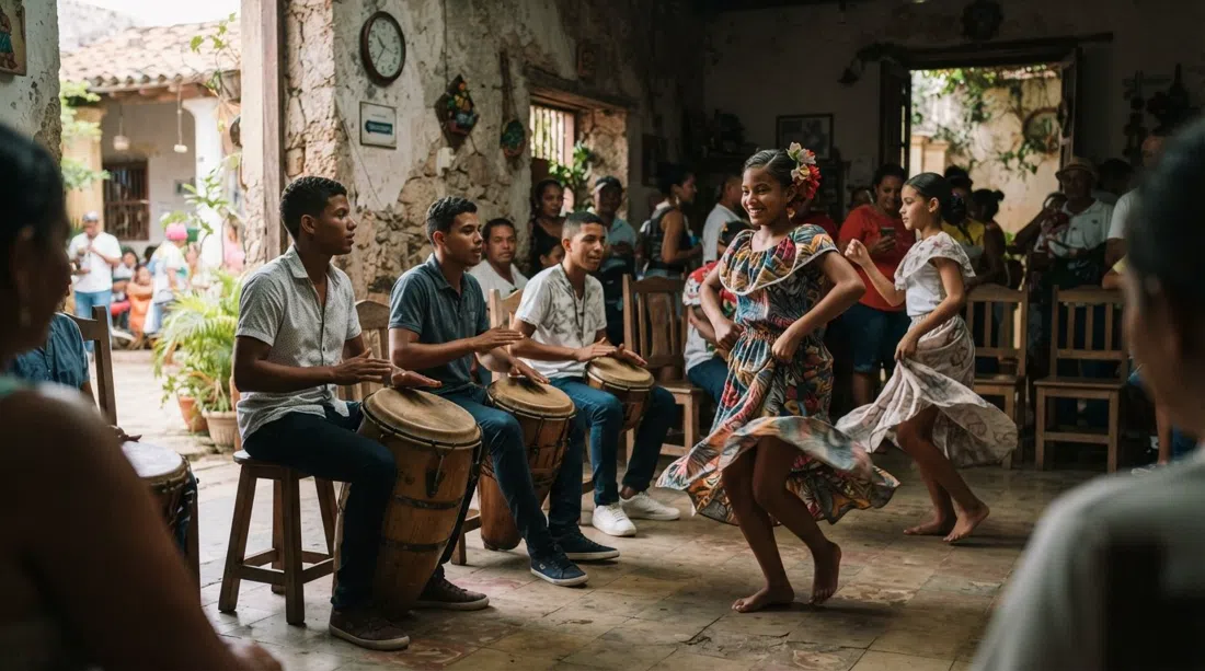 Batambora drum-and-dance workshop in La Boquilla, young musicians playing tambor alegre with dancers moving cumbia steps in a small community hall
