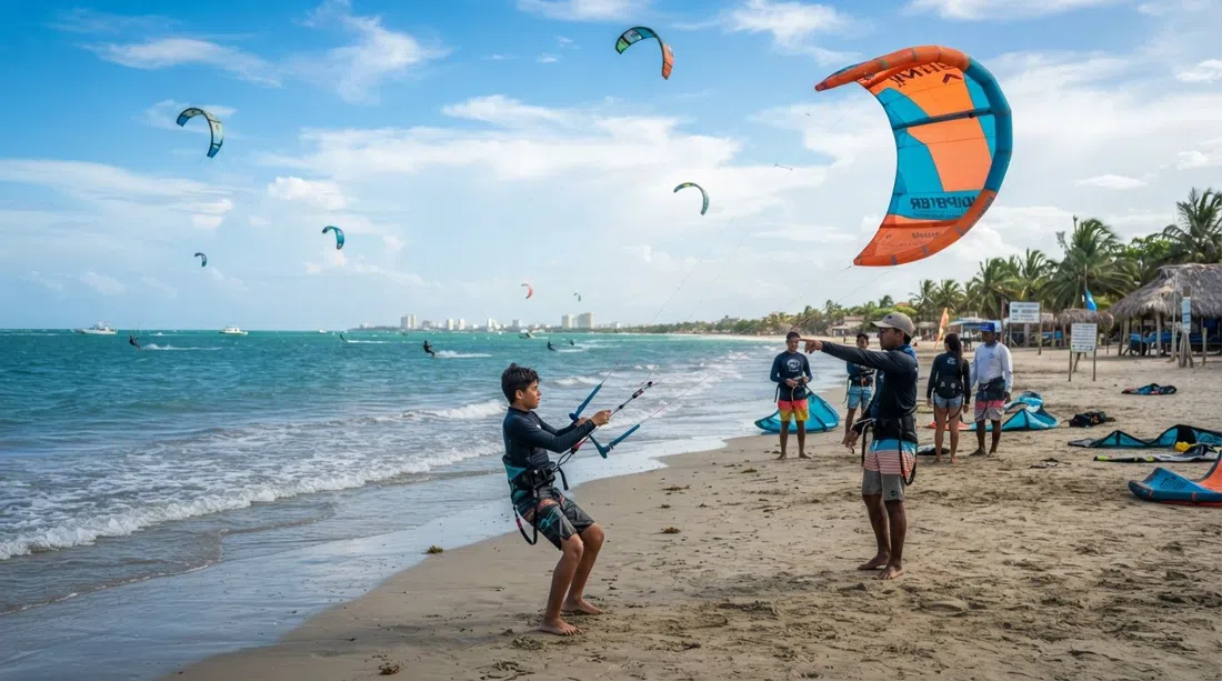 kitesurf students launching on La Boquilla’s shallow beach, bright kites against a windy blue sky near the shoreline