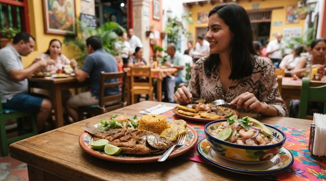 a plated seafood dish at La Mulata, Caribbean-style fried fish and ceviche served on a bright table in a cheerful dining room