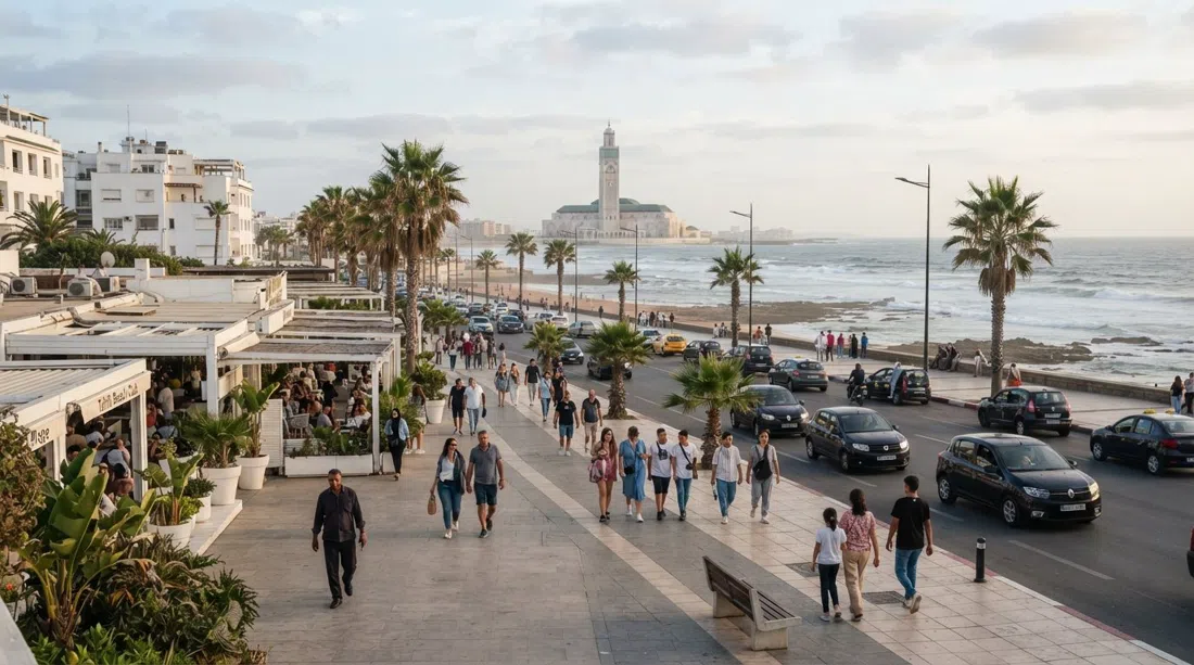 the Boulevard de la Corniche at late afternoon, palm rows and the Atlantic surf visible beyond low beach clubs and parked cars