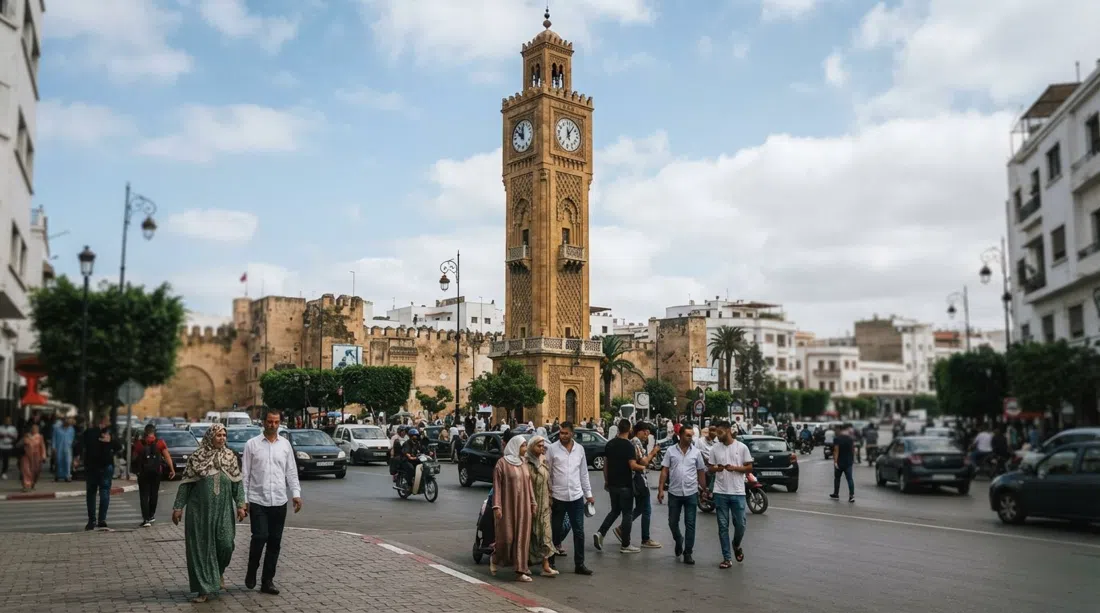 the Tour de l’Horloge on Casablanca’s United Nations Square, rebuilt clock tower rising above traffic at the medina edge in daylight