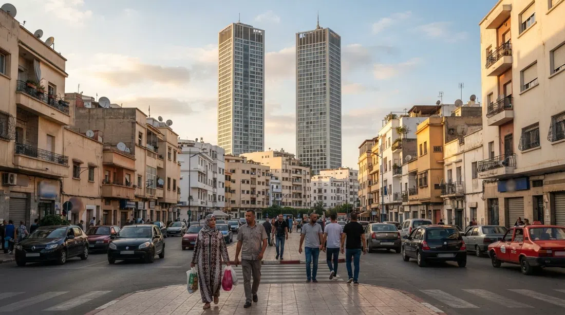 the Twin Center towers at the Zerktouni junction, rising above Bourgogne’s low apartment blocks in late-afternoon light