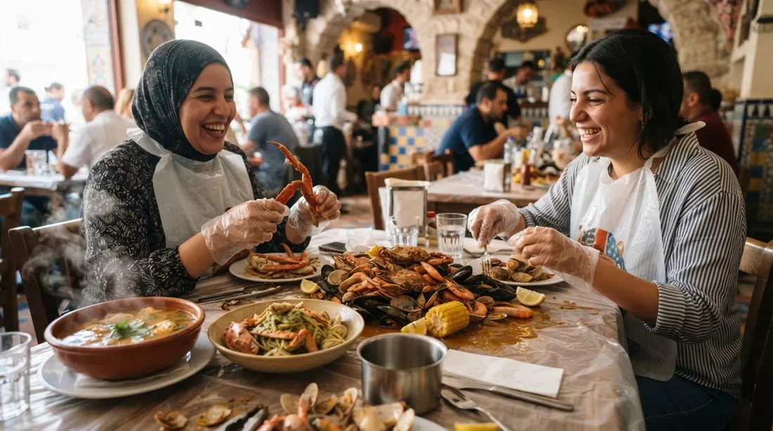 a plastic-bib seafood boil spread at Hello Crab, shellfish piled on the table with crab-pesto pasta and bowls of fish soup