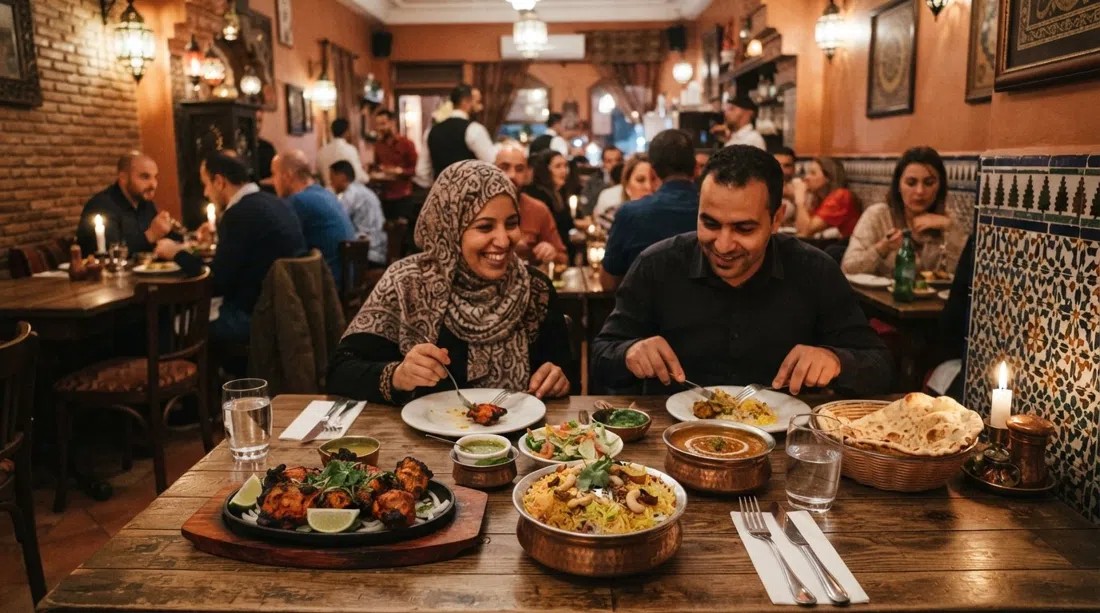 the dining room at Clay Oven on Boulevard Ghandi, warm lighting over tandoori and biryani plates on a busy evening
