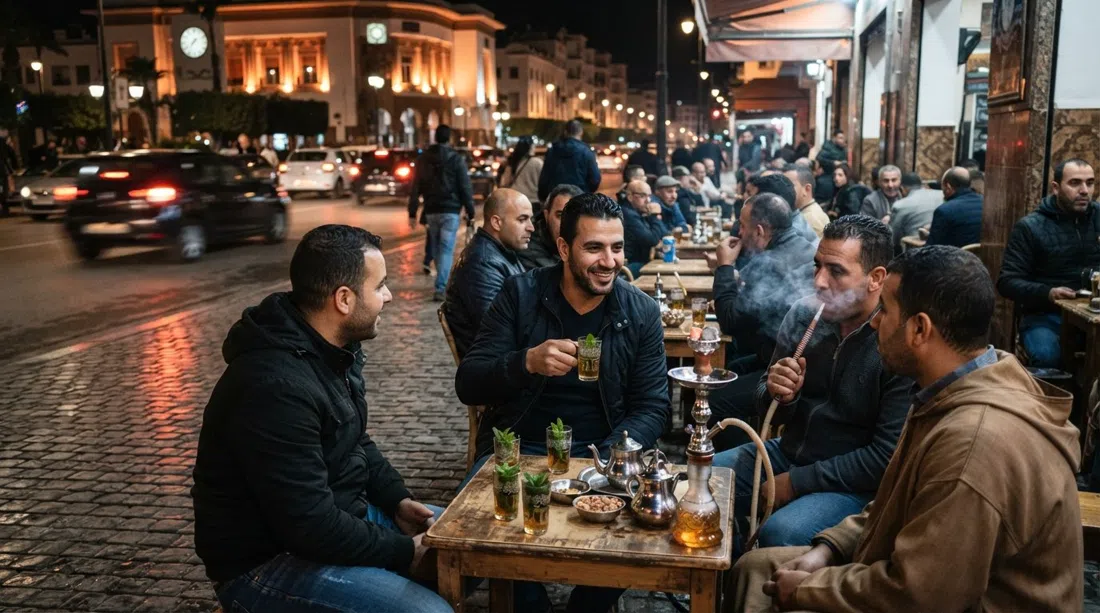 café terraces on Boulevard Ghandi at night, mint tea glasses and shisha pipes lit by passing headlights