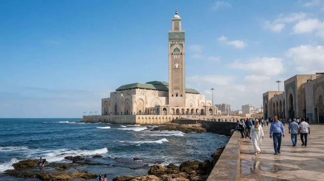 the Hassan II Mosque seen from the Atlantic shore, its 210-metre minaret rising above the sea and courtyard at bright daylight
