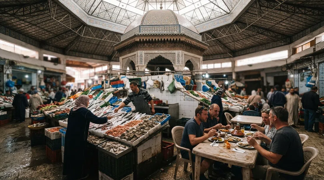 the octagonal cupola of Marché Central in Casablanca, seafood stalls below with fish, prawns and oysters, and a small grill restaurant serving lunch at plastic tables