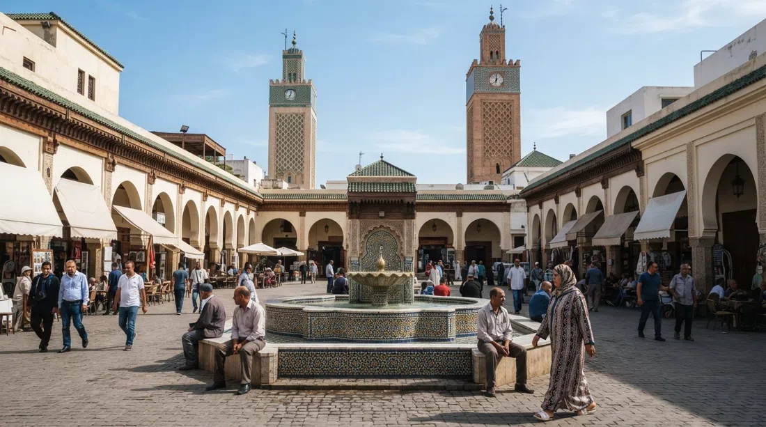 Place de la Mosquée in Habous, Casablanca at late morning, with the fountain centered in the square and the Mohammedi and Moulay Youssef mosque minarets framing the arcaded buildings