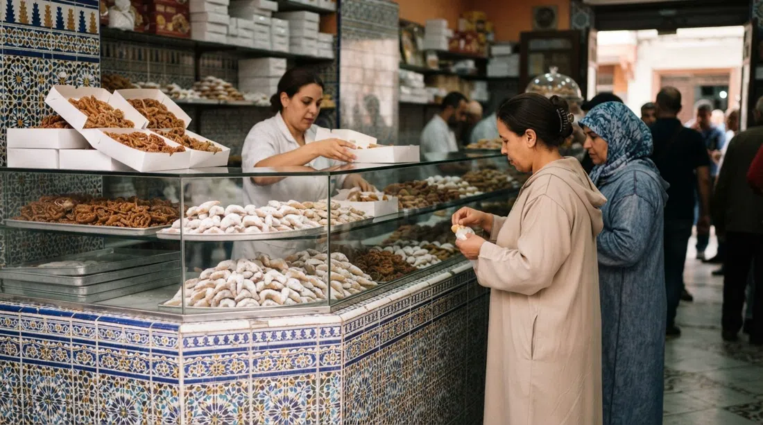 the tiled counter at Pâtisserie Bennis Habous in Casablanca, with mixed Moroccan pastries in paper boxes and cornes de gazelle stacked behind glass