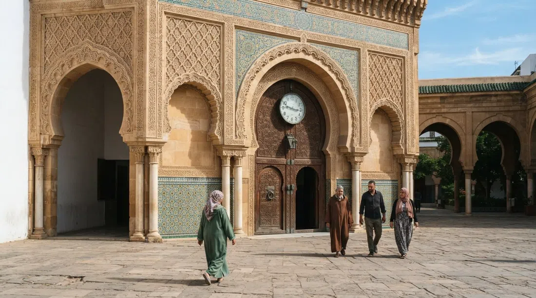 the facade of the Mahkama du Pacha on Rue Moulay Ismail in Casablanca, with horseshoe arches, carved stucco and zellige glowing in clear daylight