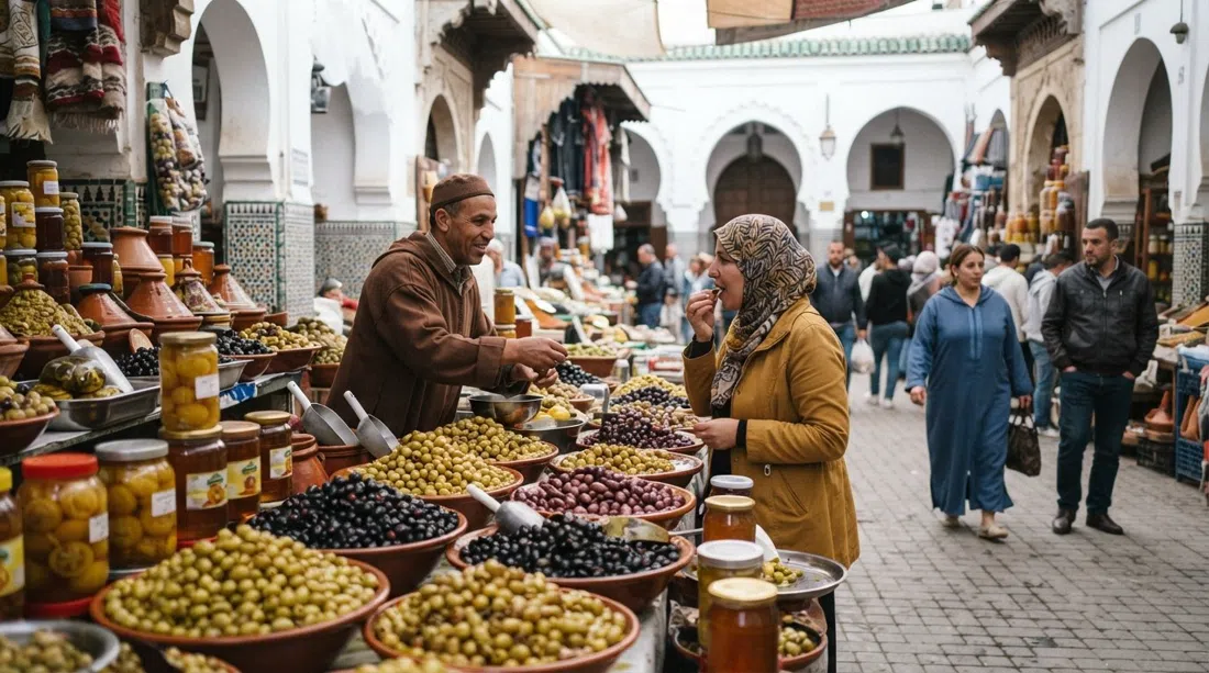 the Great Habous Olive Market courtyard off Rue Souk Jdid, with stalls piled high with green and black olives, preserved lemons and jars of regional honey