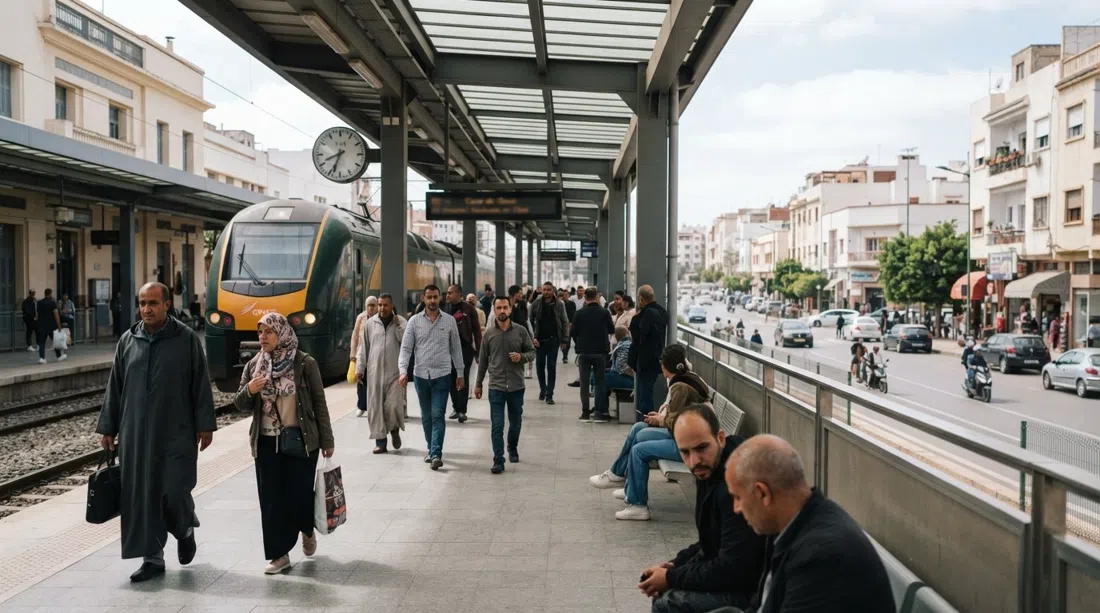 Casa-Oasis train station on Route de l’Oasis, with commuters on the platform and the residential street life of Oasis just beyond