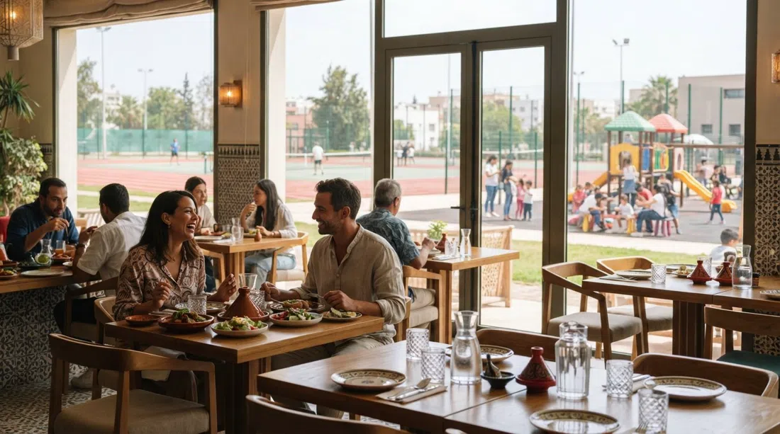 the dining room at OLEA on Route de l’Oasis, with daylight across tables and the sports complex and children’s play area visible outside