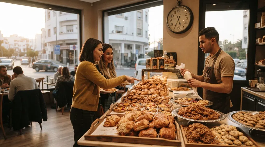the pastry and bread counter at La Fabbrica Café Restaurant & Pâtisserie on the corner of Route de l’Oasis and rue d’Aix, with evening light and trays of viennoiserie