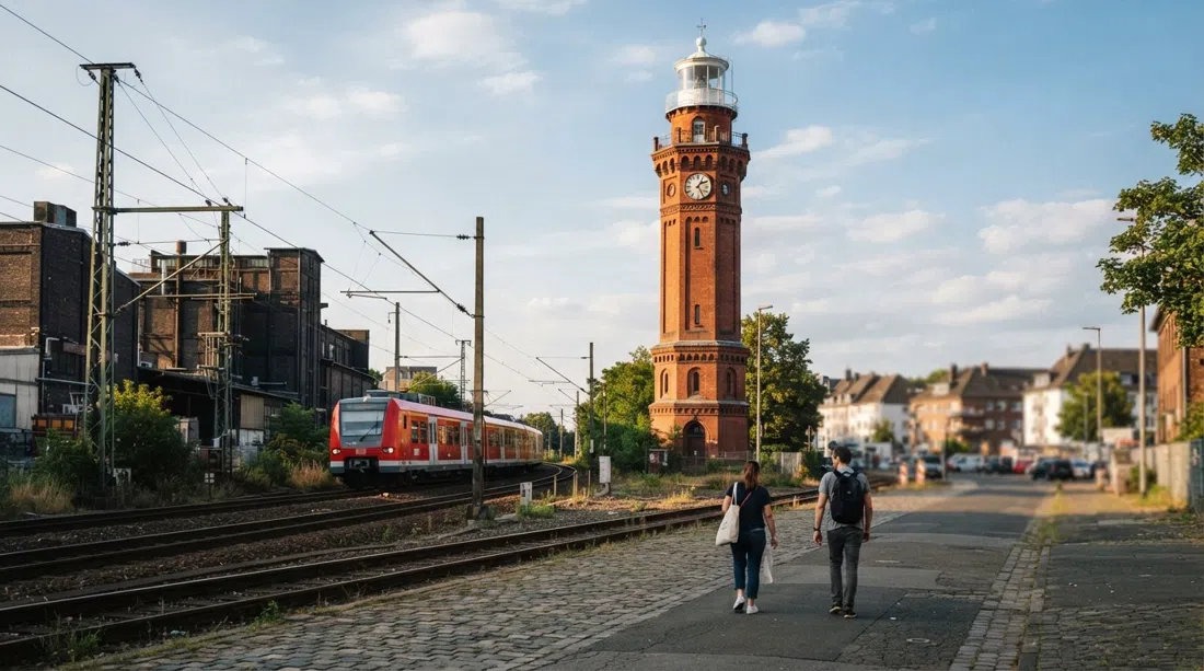 the Helios-Leuchtturm red-brick lighthouse in Ehrenfeld, standing inland beside railway and industrial buildings in late-afternoon light