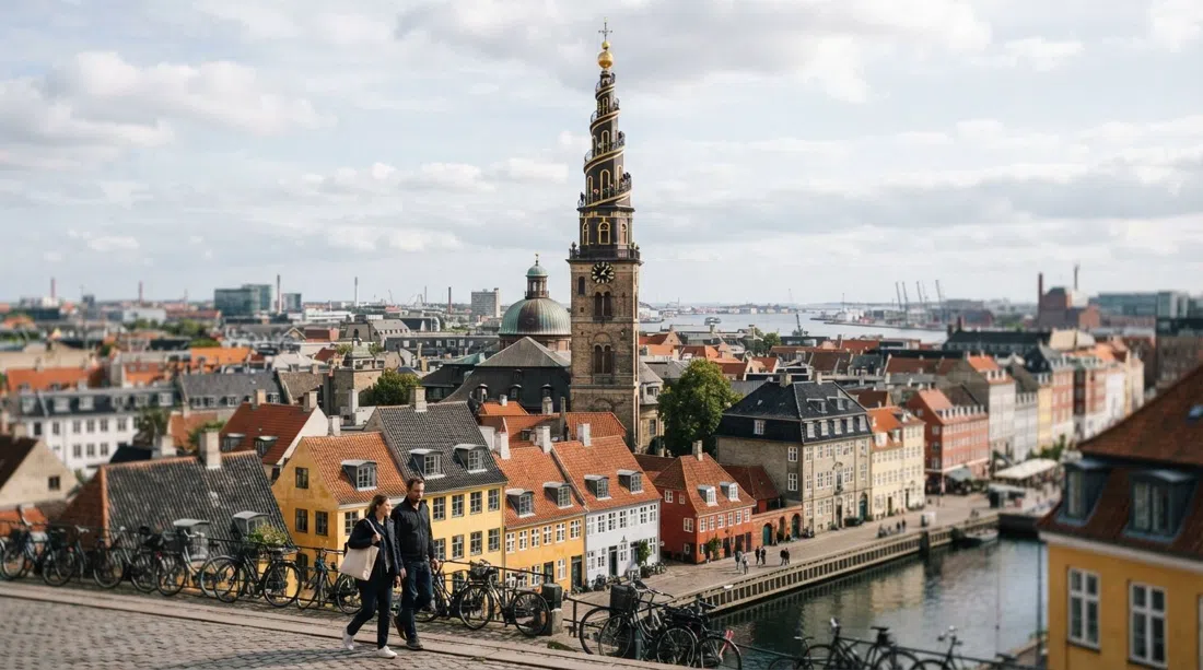 Vor Frelsers Kirke rising above Christianshavn rooftops, black-and-gold spire and external spiral staircase catching soft daylight