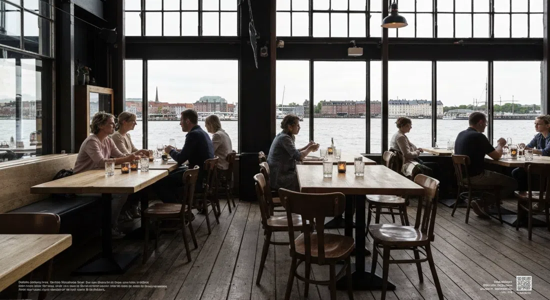the waterfront dining room at Barr in Noma's former space, warm light on tables, harbour beyond the windows