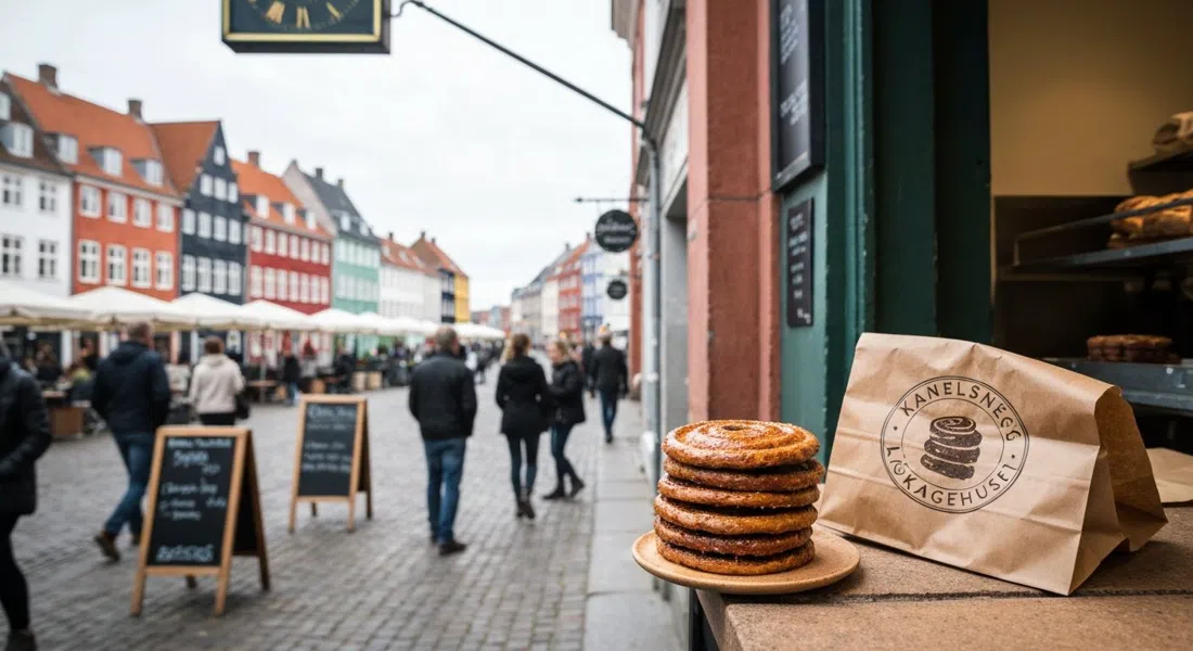 a kanelsnegl from Lagkagehuset on Christianshavns Torv, glossy cinnamon layers and paper bag on a bakery counter