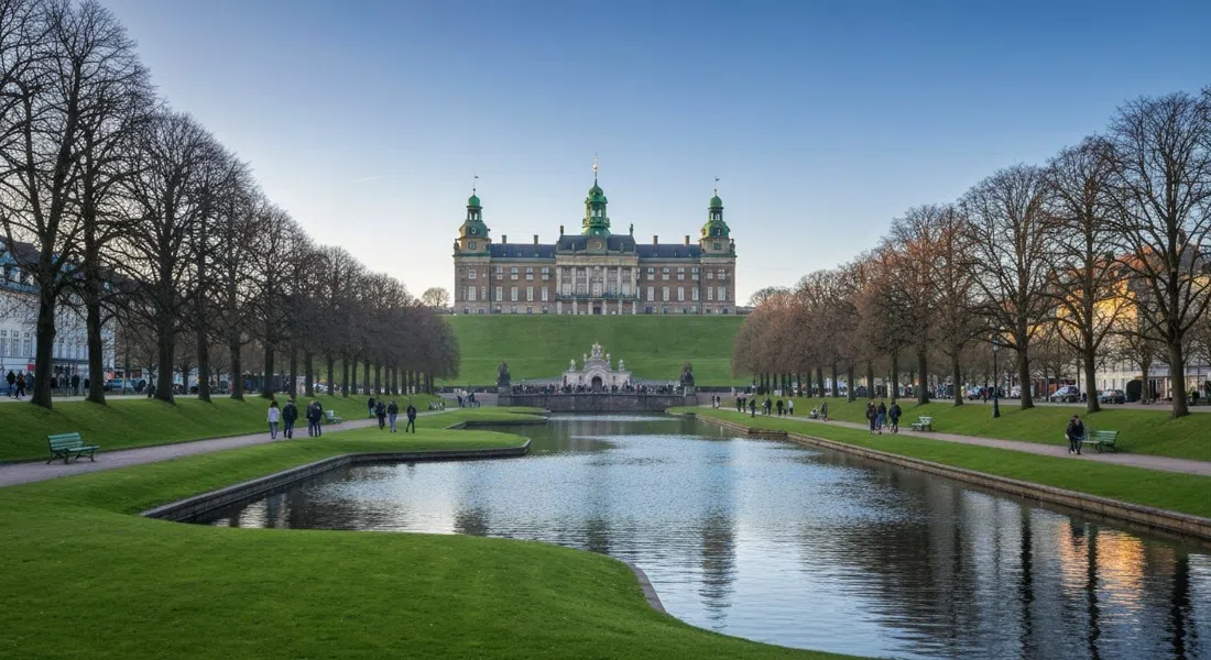 Frederiksberg Palace on the hill above Frederiksberg Gardens, seen across winding canals and lawns in soft morning light
