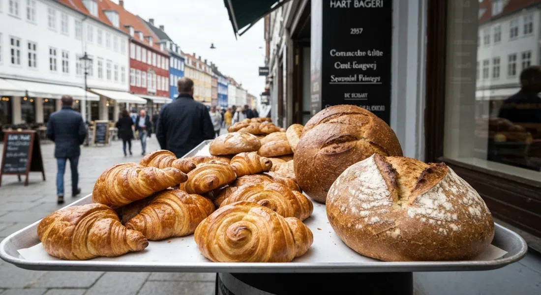 a tray of laminated pastries and country loaves at Hart Bageri on Gammel Kongevej, photographed close up in the morning queue