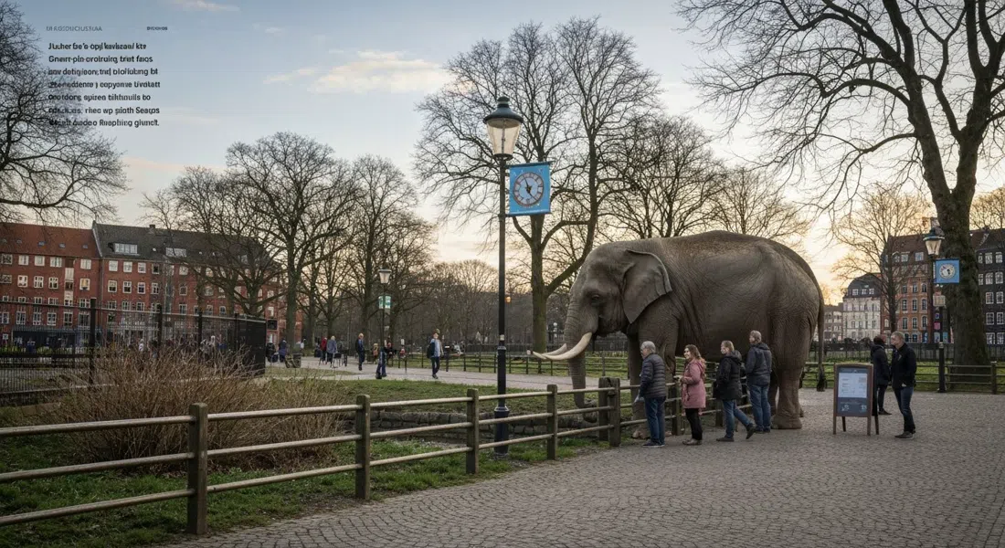 the Copenhagen Zoo Elephant House seen from the public path, with visitors pausing by the low fence in late-afternoon light