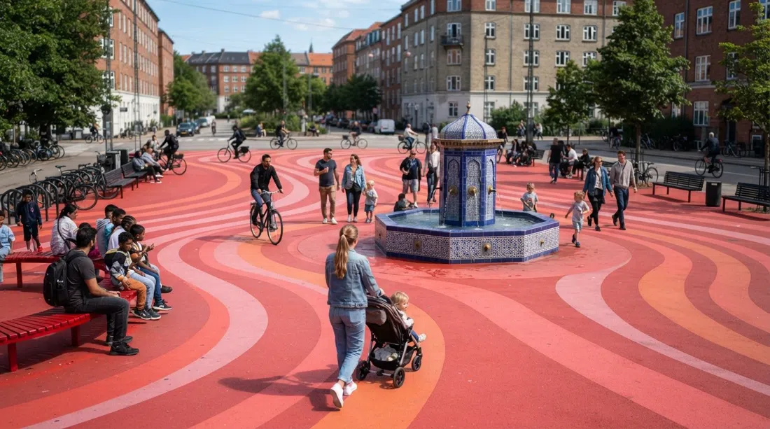 the striped red square of Superkilen by Nørrebrogade on a bright day, with the Moroccan fountain and mixed local crowd in frame